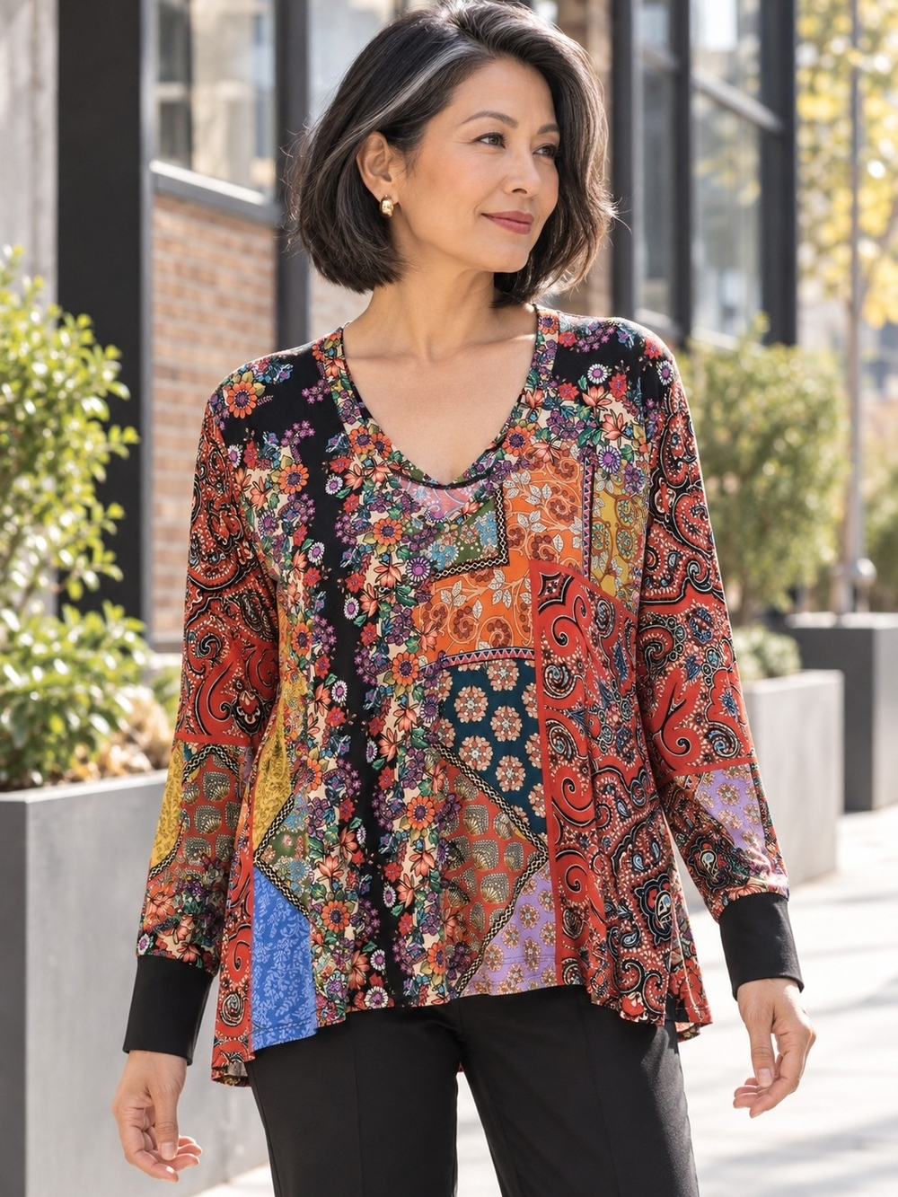 Johnny Was Moa Favorite Paisley Floral Patchwork Top Multicolor XL
